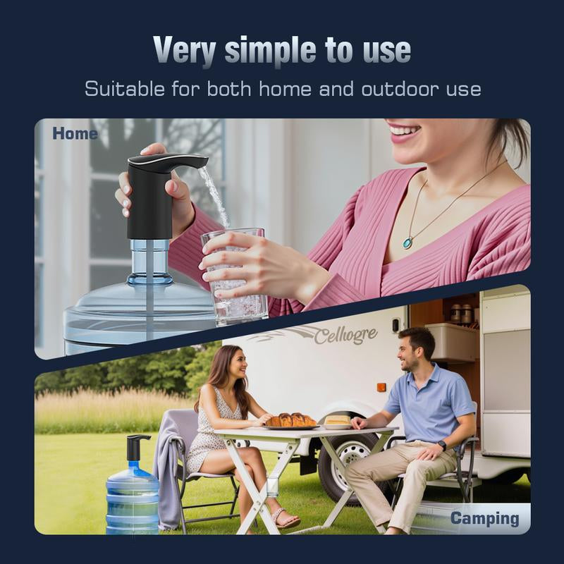Rechargeable Water Dispenser Pump for 5 Gallon Bottle, Electric USB-C Large Flow Water Jug Dispenser, Portable Automatic Submersible Bottle Pump Silent Operation for Camping Home Office