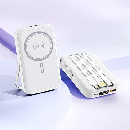 10000Mah Fast Charging Magnetic Power Bank W/ Stand and 3 Built-In Cables & Wireless Charging