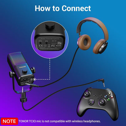 TONOR TCX3 Gaming Microphone for Xbox - RGB Condenser Streaming Mic with One Tap Mute, Long Battery Life, Fast Charging, Compatible with Capture Card