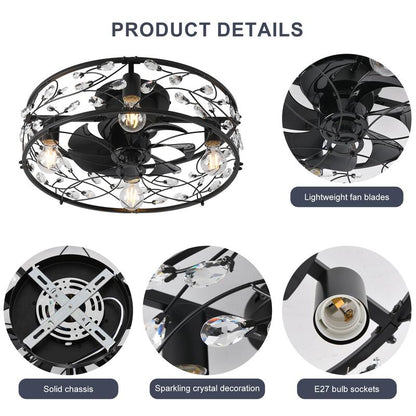 20In Caged Ceiling Fan with Light, Crystal Rustic Ceiling Fans with Remote, Bladeless Black Ceilingfan, Flush Mount Fanlights for Kitchen Bedroom