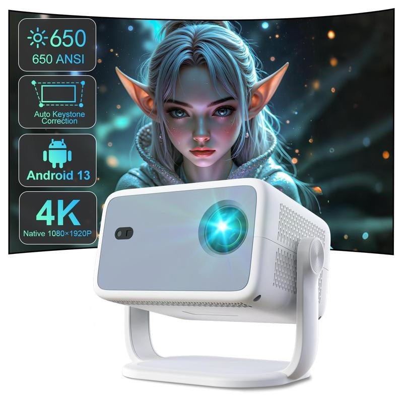 4K Projector [Netflix Official/Auto Focus/360° Swivel Base] Projector with Wifi and Bluetooth 1080P Native Projector One-Click Use Netflix/Youtube, Smart Home Outdoor Projector Audio White