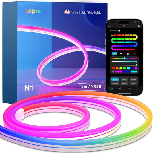 Lepro N1 AI Smart RGB Neon Rope Lights, Featuring LLM Ai-Generated Lighting Effects, Lightbeats Music Sync, Color Segment DIY Voice Control via App, Wi-Fi & Bluetooth Enabled for Christmas, Living Room and Bedroom Wall Decor