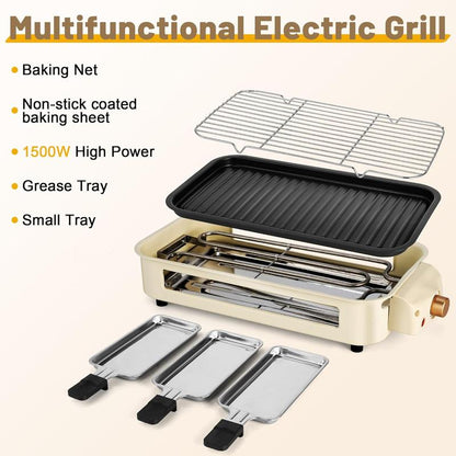 Indoor Smokeless Electric BBQ Grill，Non-Stick Cooking Removable Plate,5 Adjustable Temperatures,Dishwasher Safe,1500W,Kitchen Appliances, Household